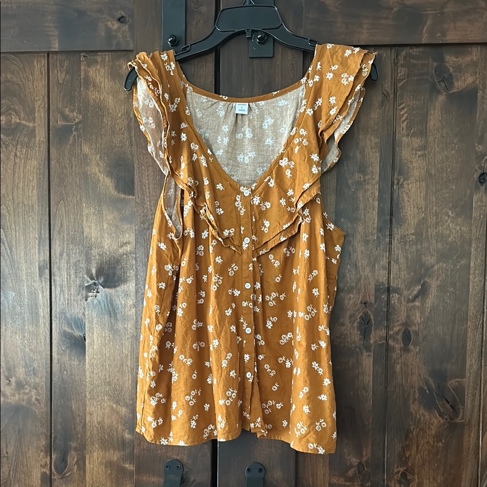 Floral Ruffle Sleeveless Top - Mustard